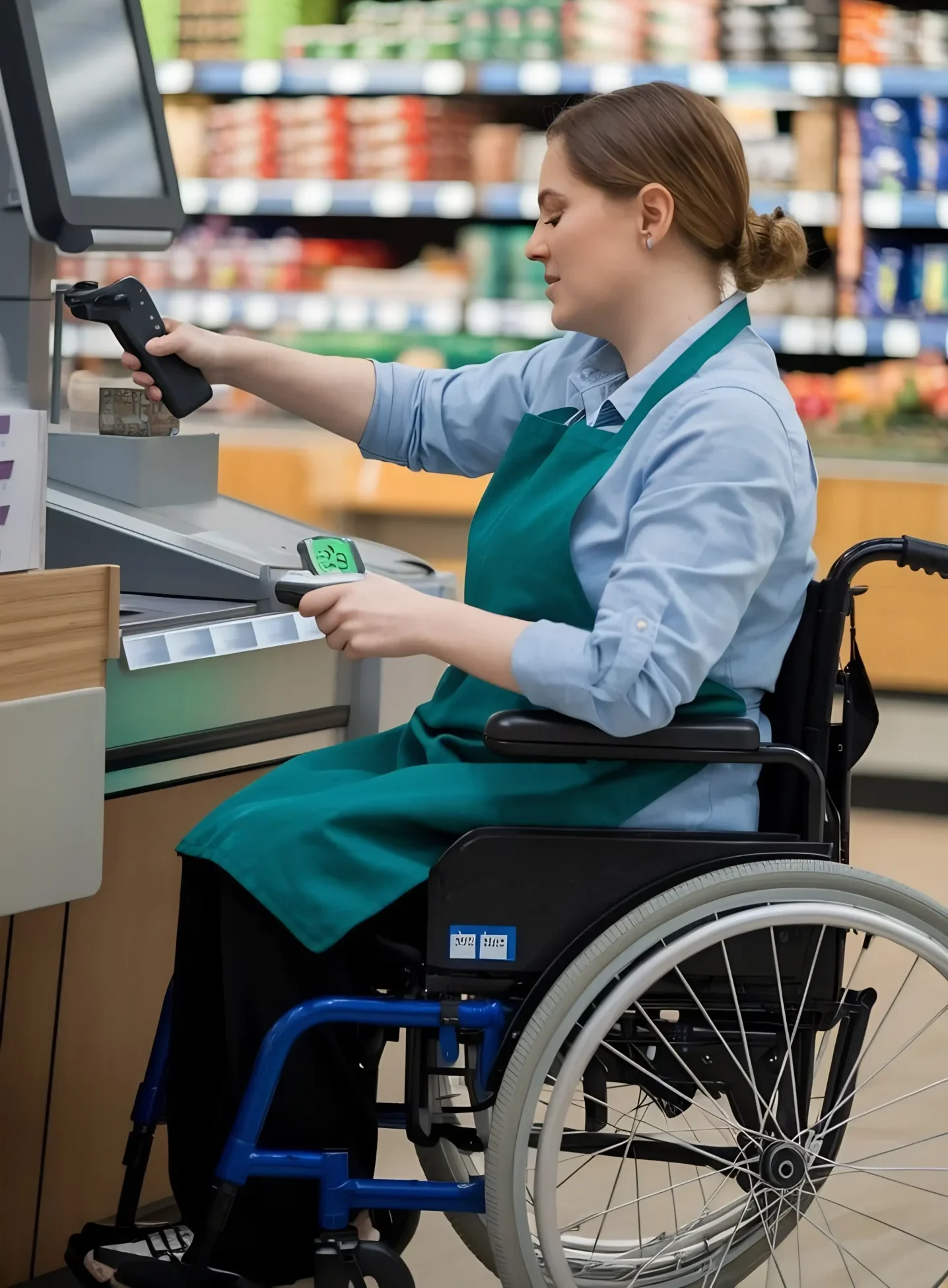 A worker using a checkout scanner while seated in a wheelchair.